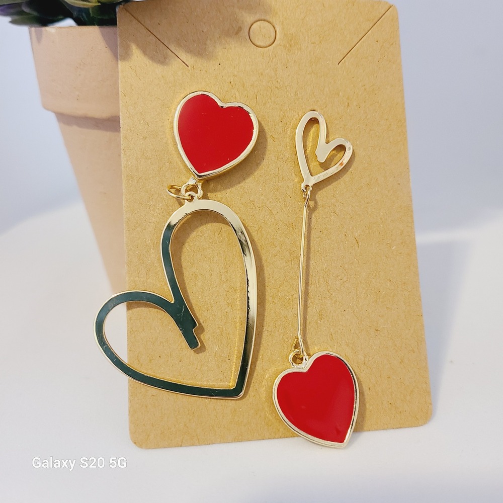 Gold Tone‎ Red Heart Asymmetrical Dangle Earrings Women Statement NEW Holiday